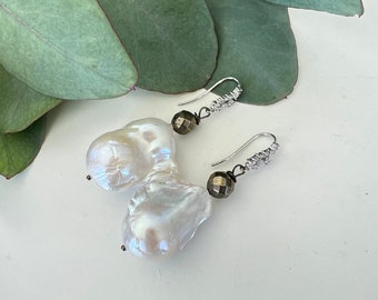 Large Natural Baroque Pearl Pyrite Silver Cz Earrings, Kasumi Pearl Earrings, Pearl Gemstone Earrings, Wedding Pearl Earrings, Statement