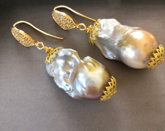 Blush Rare Baroque Pearl Gold Cz Earrings, Kasumi Pearl Earrings, Natural Pearl Earrings, Wedding Pearl Earrings, Statement Pearl Earrings