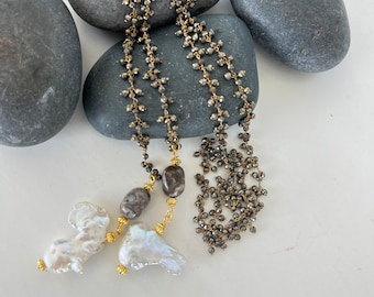 Pyrite Cluster Rosary Chain Baroque Pearl Jasper Lariat Necklace, Natural Pyrite Pearl Necklace, Pearl Gemstone Necklace, Statement Necklace