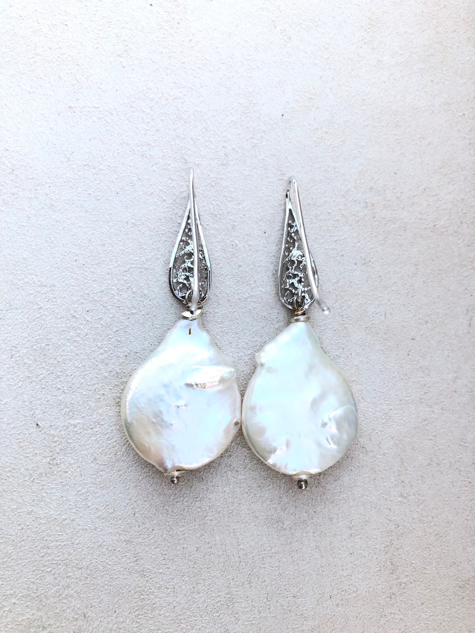 Large Flat Freshwater Pearl Cz Earrings Natural Coin Pearl Etsy