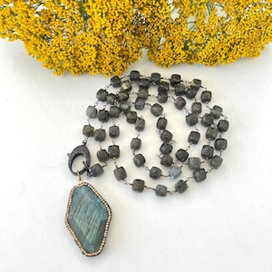 Long Blue Flash Labradorite Pendant Pave Necklace, Natural Labradorite Necklace, Gemstone Wrap Necklace, Labradorite Statement, Designer