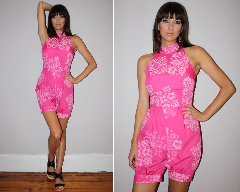 vintage 70s romper pink hawaiian floral print bermuda style leg