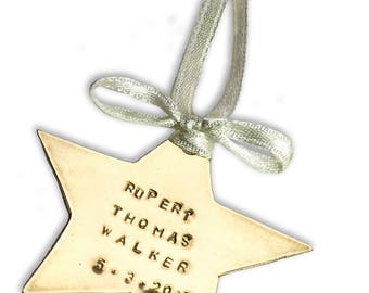 Brass Star Decoration Ornament Personalised for Christening / Birth / First Christmas / Anniversary custom text , names engraved