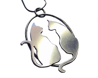 Pair of Cats Sterling Silver Pendant Necklace, Gift for a Cat Lover, Silhouette / Outline
