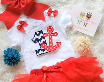 First Birthday Themed "Anchor" Birthday Tutu Outfit, My First Birthday Tutu Outfit, Set Includes Top/Onesie,Tutu,Hair Accessory