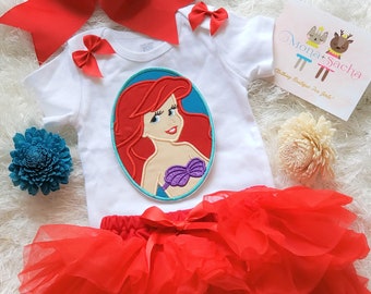 Toddler Disney Princess Ariel Birthday Tutu Outfit, My First Birthday Tutu Outfit, Set Includes Top/Onesie,Tutu, Hair Accessory