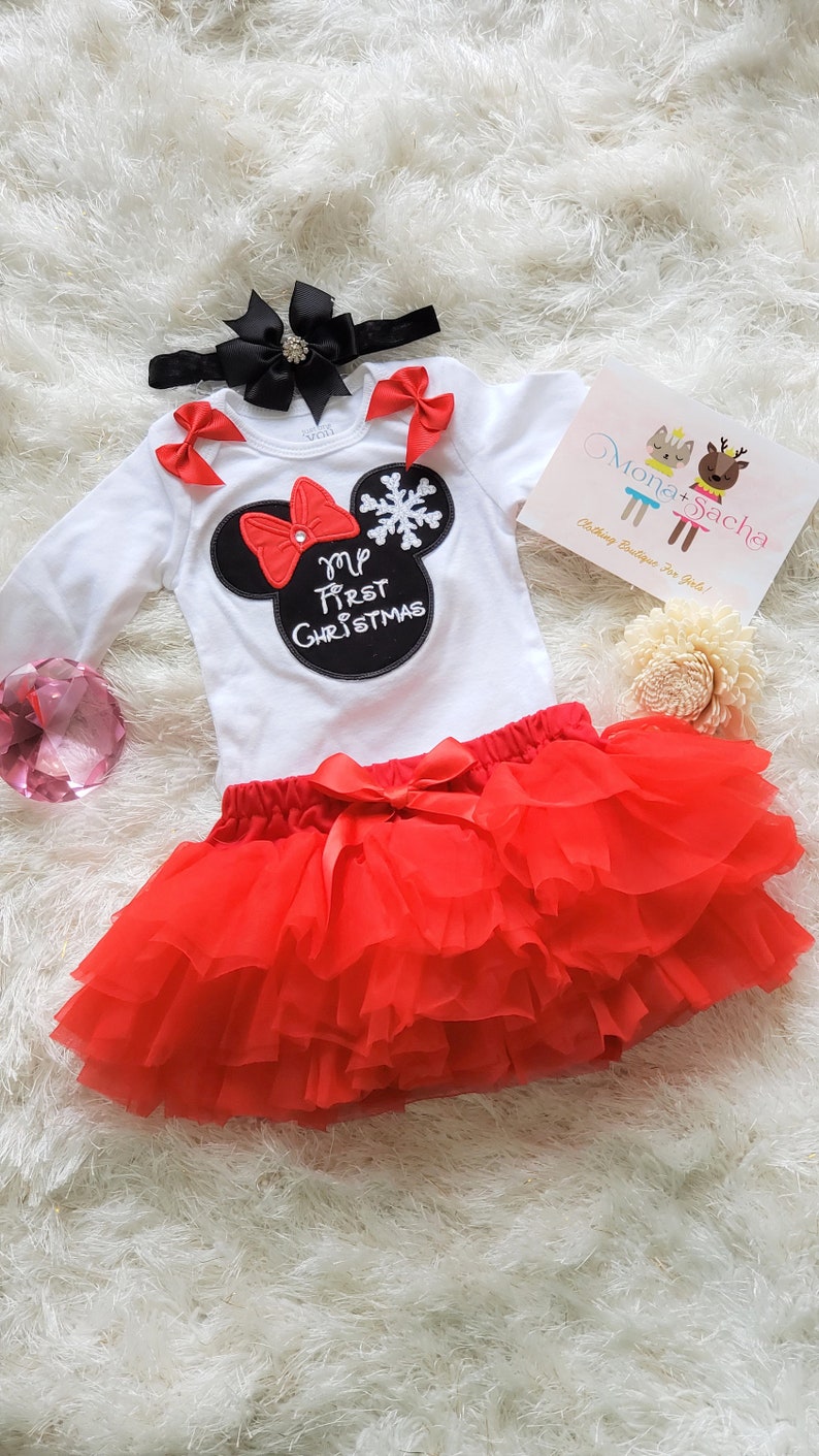 Baby 1st Christmas tutu outfit, My First Christmas Tutu Set, Disney Princess Minnie, Set Includes Onesie,Tutu, Hair Accessory Red and White image 1