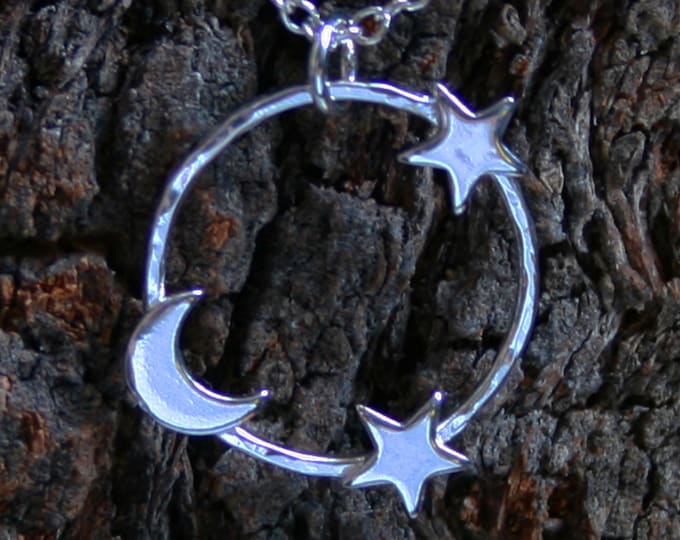 Moon and Stars. Sterling Silver pendant 'Forest friends' collection. Little stars. Tiny crescent moon. Moon & Stars pendant.