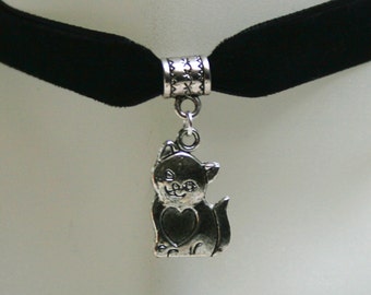 Handcrafted 'Love Cat' Choker. Tibetan silver cat on velvet ribbon - Wine, Black, Green, Purple, Brown, White or Ivory  ribbon.