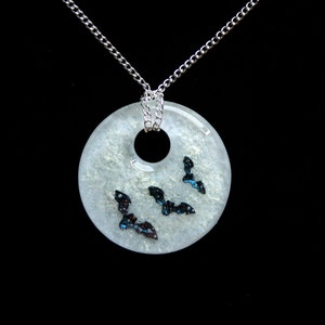 Fused glass &#39;Bat Moon&#39; pendant. Pure copper bats fused in a Glow in the Dark glass pendant. (choose sterling silver or silver plated chain)