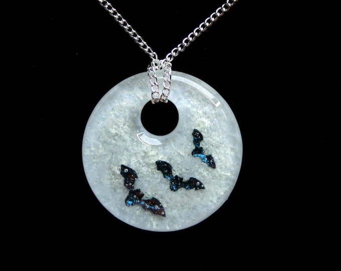 Fused glass 'Bat Moon' pendant. Pure copper bats fused in a Glow in the Dark glass pendant. (choose sterling silver or silver plated chain)