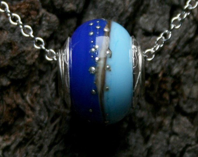 Ocean Horizons ~ Lampwork big hole Focal bead. Hand made full sterling silver core & caps. Fine silver wrapped. Organic. Summer sea blues