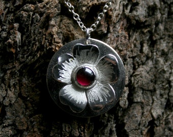 Rosa ~ Garnet & Sterling Silver Pendant. 'Wildflower series' Exclusive design. Little flower, Capricorn birthstone, January gemstone.