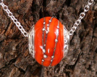 African Sunset ~ Lampwork big hole Focal bead. Hand made full sterling silver core & end caps. Fine silver wrapped. Organic. Vibrant Orange