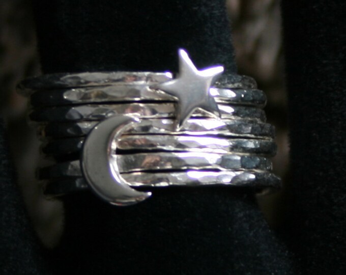 Moon and Stars ~ Mix and match Sterling Silver Statement / stacking rings 'Forest Friends' series. Exclusive design. Eco-friendly silver