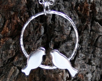 Two little birds Pendant. Eco friendly Sterling Silver. 'Forest friends' collection. Exclusive design. Swinging birds. Birds in a hoop.