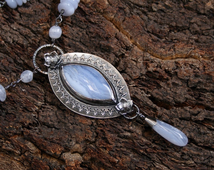 Victorian Dreams necklace. Blue Lace Agate and Fully UK Hallmarked Eco-friendly Sterling Silver.