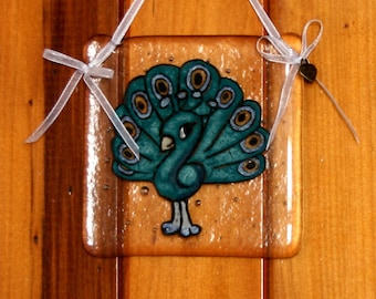 Cute baby peacock  hand painted, fused glass hanging ornament. 'As pretty as a Peacock' 10x10cm / 4x4 inches plus hanging ribbon