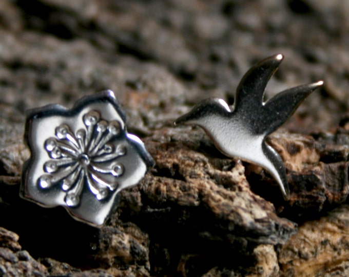 Hummingbird and Hibiscus blossoms. Sterling Silver stud earrings. 'Forest friends' collection. Mis-match or 2 the same. Exclusive design.