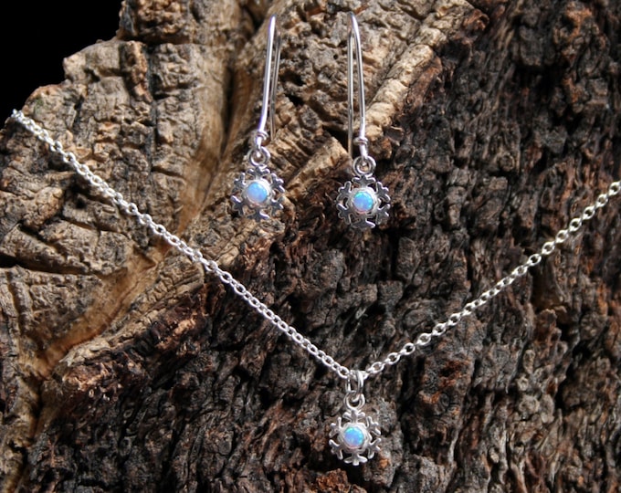 Winter snow - Sterling Silver Snowflake dangle drop earrings & pendant boxed gift set. Choose White Opal, Blue Opal or Moonstone. Christmas.