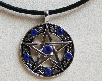 Handcrafted 'Pentacle' Pendant ~ Pentagram set with sparkling Sapphire Blue crystals on a 3mm Leather thong, with silver plated fittings.