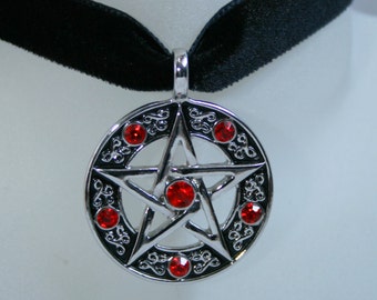 Pentacle Choker ~ Pentagram set with red crystals on a Wine, Black, Green, Purple, Brown, White or Ivory velvet ribbon ~ Pagan/ Wiccan ~