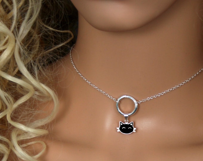 Sir's Kitten. Black Cat discrete O ring Day Collar / Slave Necklace. Sterling silver Story of 'O' collar. Captive / Infinity / Eternity ring