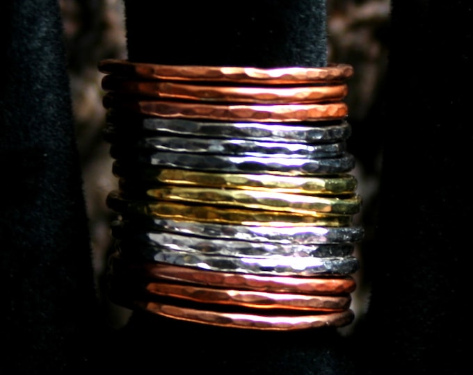 Mixed Metals stack rings. Hammered skinny stacking rings. Copper/Brass/Bronze/Sterling silver. Sets of 5/10/15. UP to a US 7 3/4 ~ UK P 1/2