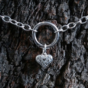 Heart of Hearts. Discrete &#39;O&#39; ring Day Collar / Slave Necklace. Sterling silver. Captive/Infinity/Eternity ring collar. Little puffed Heart.