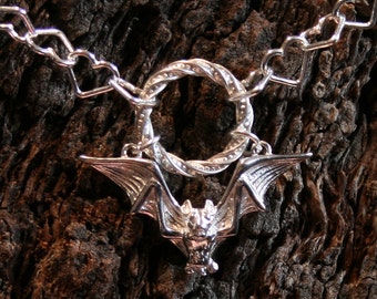 Gothic Bat ~ Discrete Fancy O ring Day Collar/Slave Necklace. Sterling silver Heart chain. Captive/Infinity/Eternity ring. Choker/necklace.
