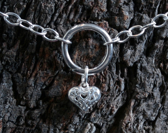 Heart of Hearts. Discrete PERMANENTLY LOCKING 'O' ring Day Collar / Slave Necklace. Sterling silver. Little puffed Heart.