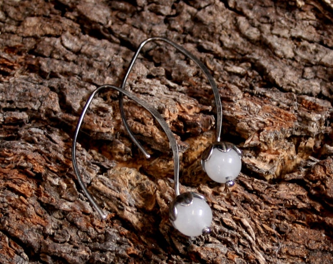 Dew Drop. Sterling Silver and White Agate floral drop earrings. Exclusive design. Flower drops. Choose natural or blackened silver.