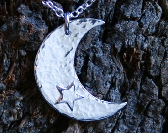 Crescent Moon and Star pendant. Eco-friendly recycled Sterling Silver pendant.