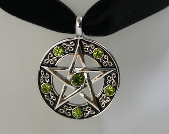 Pentacle Choker ~ Pentagram set with peridot green crystals on a Wine, Black, Green, Purple, Brown, White or Ivory velvet ribbon