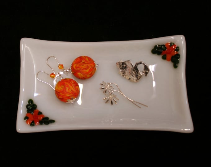 Flora in Orange ~ A hand made, fused glass trinket / soap / sushi / butter dish with raised orange flowers and green leaves on a white base