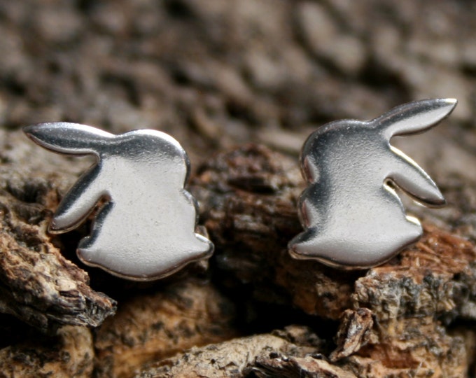 Moon Gazing Bunny. Sterling Silver stud earrings. 'Forest friends' collection. Exclusive design. Ear studs. Tiny rabbits. Little bunnies.