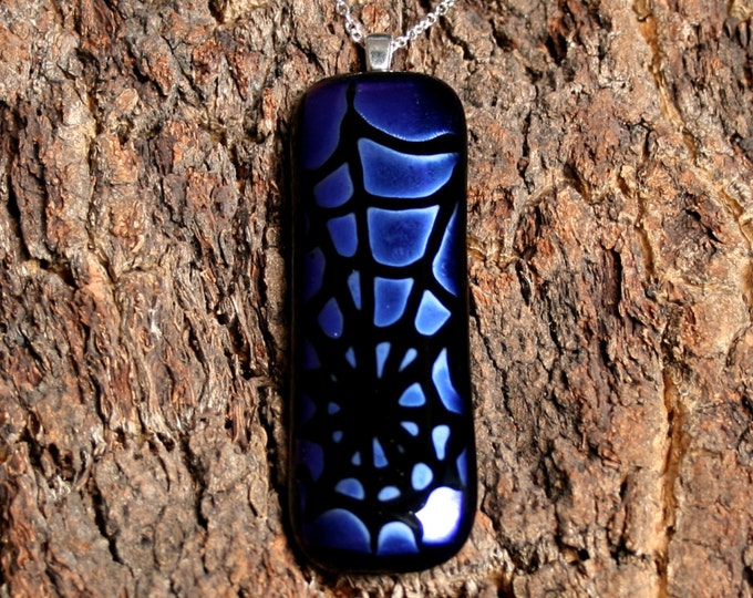 Handmade Unique Dichroic Fused Glass Pendant 'Purple Cobweb' On a Sterling Silver 925 bail. (choose sterling silver or silver plated chain)