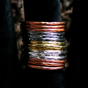 Mixed Metals stack rings. Hammered skinny stacking rings. Copper/Brass/Bronze/Sterling silver. Sets of 5/10/15. US 8 to 13 ~ UK Q to Z 1/2