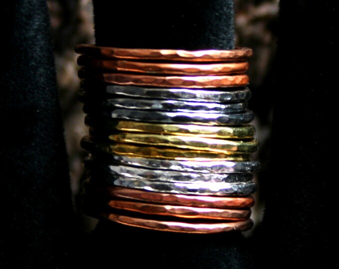 Mixed Metals stack rings. Hammered skinny stacking rings. Copper/Brass/Bronze/Sterling silver. Sets of 5/10/15. US 8 to 13 ~ UK Q to Z 1/2