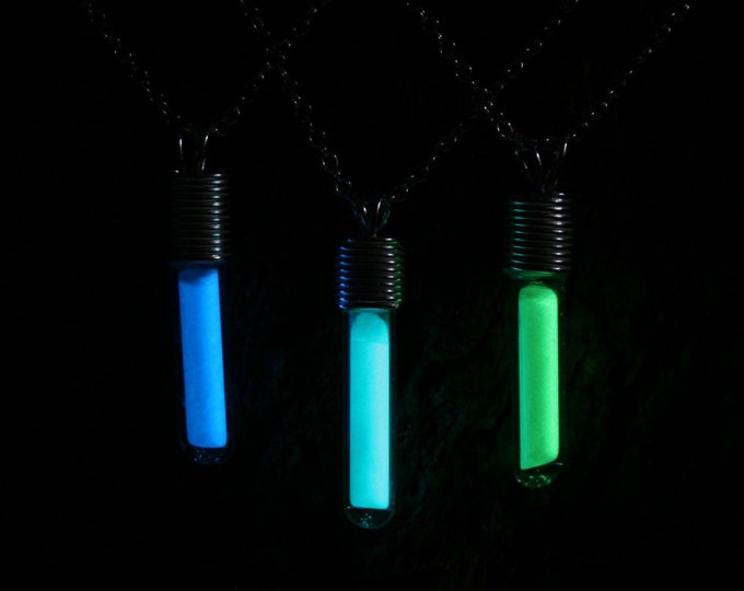 Glow stick Pendant. Hand blown glass & sterling silver pendant with glow in the dark Pixie dust inside. Choose color. Party pendant.