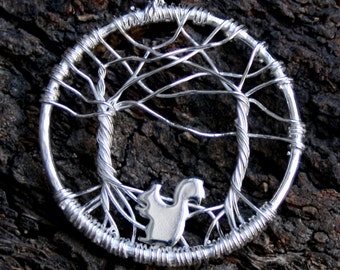 Tree of Life - Little Squirrel Pendant. Sterling Silver. 'Forest friends' collection. Exclusive design. Twin trees. Eco friendly.