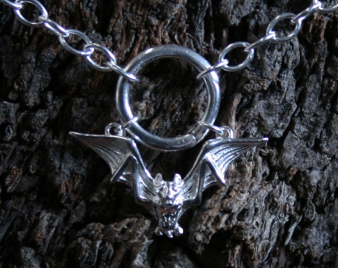 Gothic Bat ~ Discrete PERMANENTLY LOCKING O ring Day Collar / Slave Necklace. Sterling silver. Captive ring collar. Choker / necklace