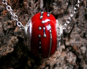 Passionata ~ Lampwork big hole focal bead. Hand made full sterling silver core & end caps. Fine silver wrapped. Organic. Fresh Blood red.