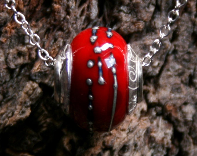 Passionata ~ Lampwork big hole focal bead. Hand made full sterling silver core & end caps. Fine silver wrapped. Organic. Fresh Blood red.