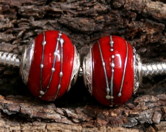 Passionata ~ 2 Lampwork big hole focal beads. Hand made full sterling silver core & end caps. Fine silver wrapped. Organic. Blood red.