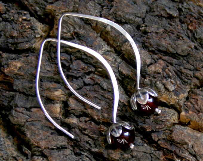 Dew Drop. Sterling Silver and Garnet floral drop earrings. Exclusive design. Flower drops. Capricorn. Choose natural or blackened silver.