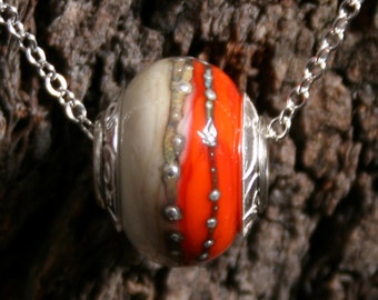 Africa ~ Lampwork big hole Focal bead. Hand made full sterling silver core & end caps. Fine silver wrapped. Organic. Vibrant Orange + Ivory