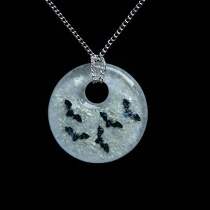 Fused glass &#39;Bat Moon&#39; pendant. Pure copper bats fused in a Glow in the Dark glass pendant. (choose sterling silver or silver plated chain)
