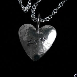 Handmade &#39;Amore ~ Love&#39; pendant. Traditionally hand made and hand stamped Sterling Silver love heart pendant.