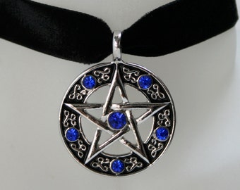 Pentacle Choker ~ Pentagram set with blue crystals on a Wine, Black, Green, Purple, Brown, White or Ivory velvet ribbon ~ Pagan/ Wiccan ~